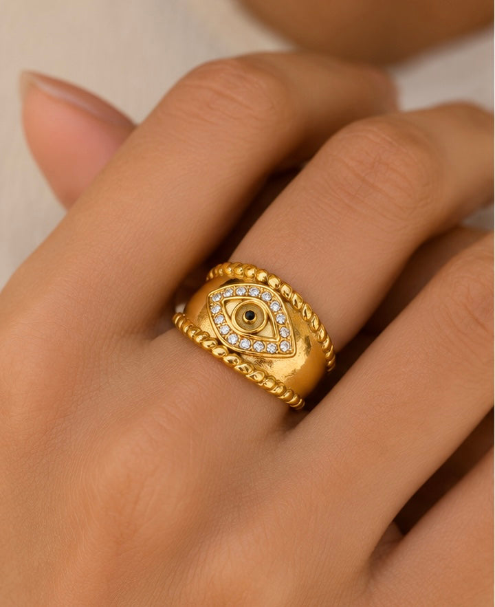 Evil Eye Zircon Ring | 18K Gold Plated Stainless Steel | Sizes 6–8 US