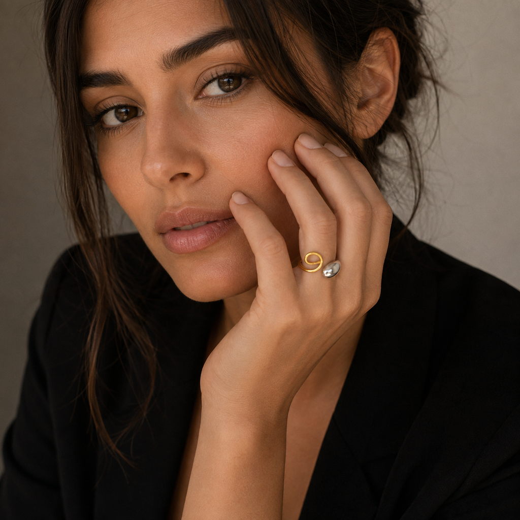 18K Gold & Silver Double Teardrop Ring