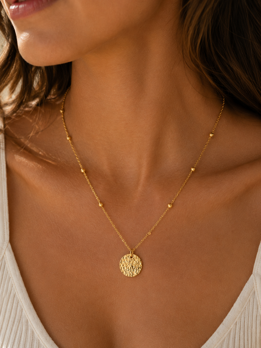 18K Gold Embossed Disc Necklace