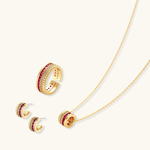 14K Gold Plated Eco Brass CZ Jewelry Set – Royal Ruby Stack | Ornexa