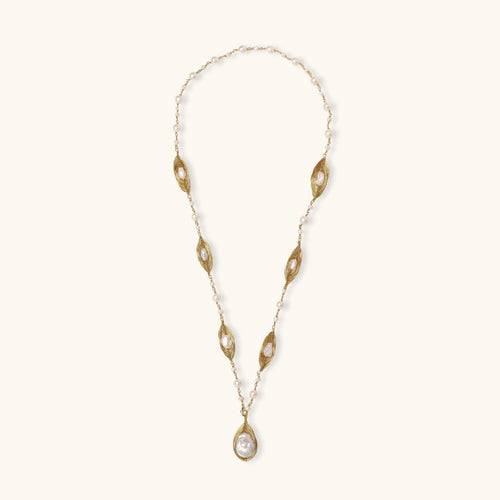14K Gold Plated Eco Brass Baroque Pearl Leaf Cage Lariat Necklace | Ornexa