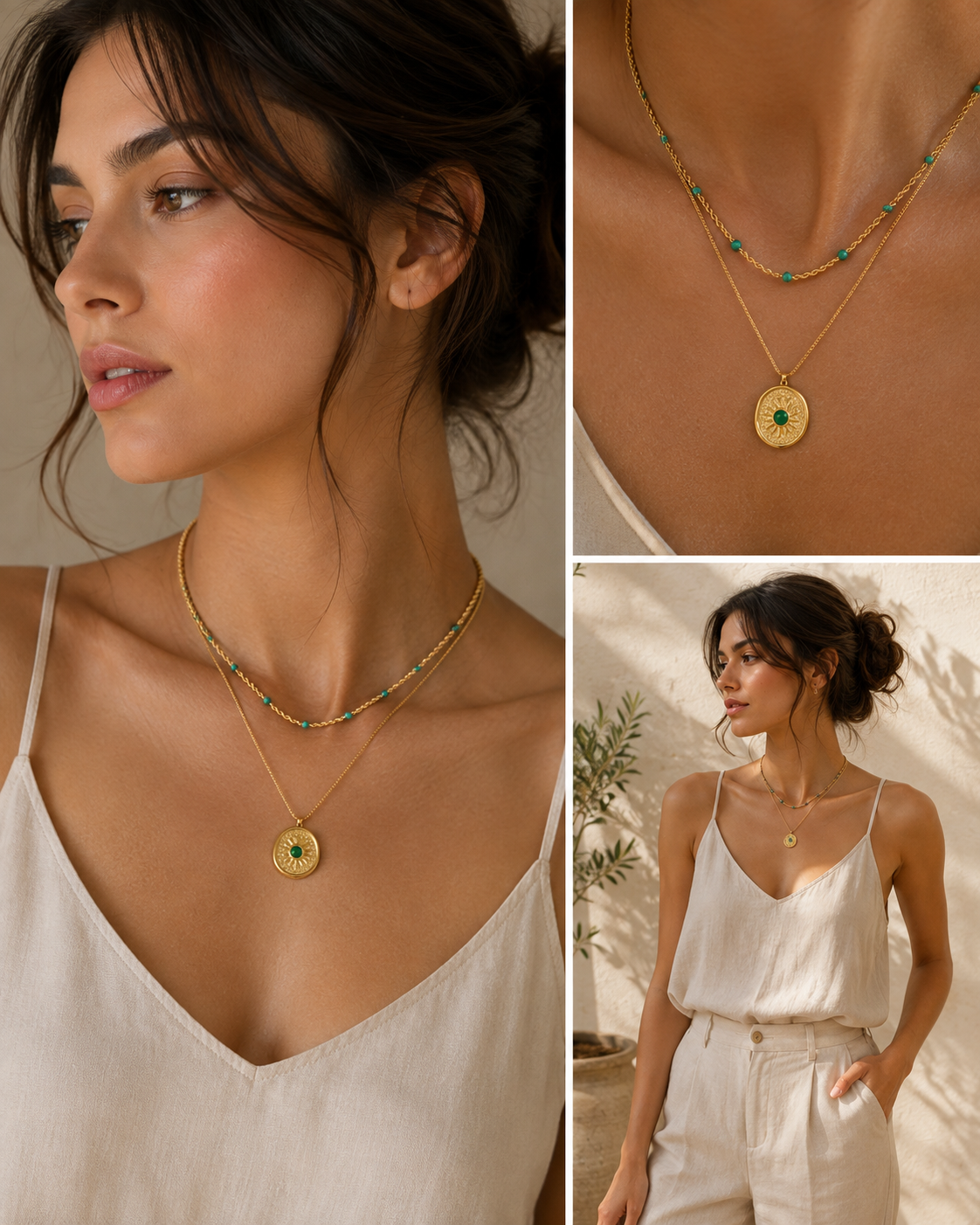 18K Gold Natural Malachite Twist Chain Necklace