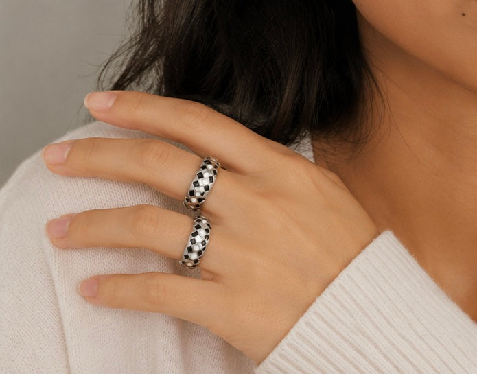 Black & White Check Diamond Ring | 18K Gold Plated Stainless Steel | Sizes 6–8 US