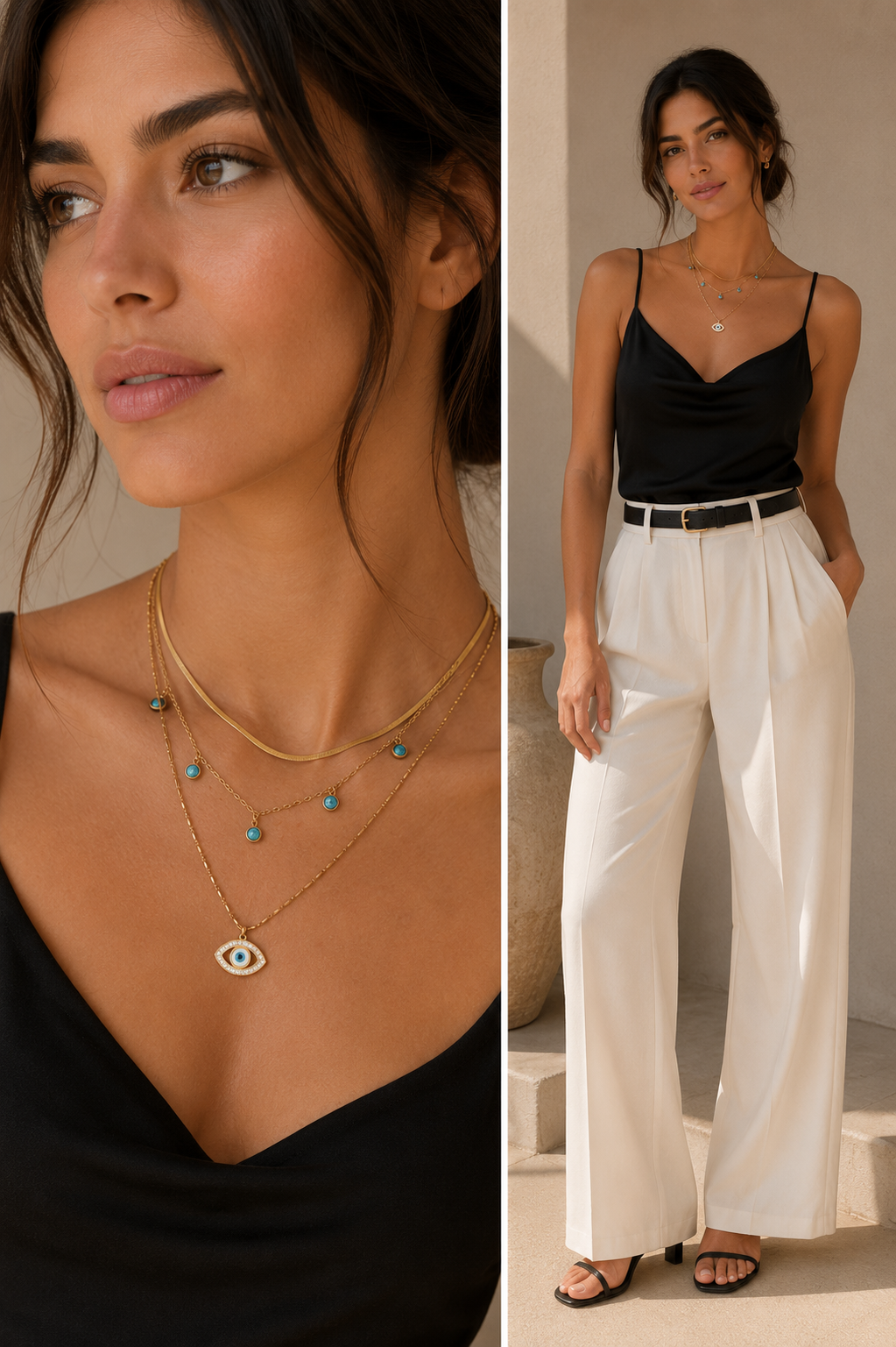 18K gold multi-layer chain with devil's eye diamond design trendy and unique necklace
