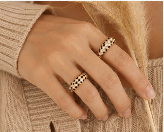 Black & White Check Diamond Ring | 18K Gold Plated Stainless Steel | Sizes 6–8 US
