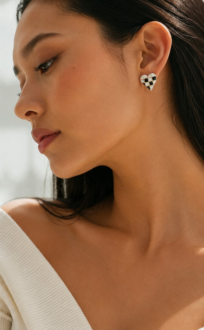 Black & White Check Earrings | 18K Gold Plated Stainless Steel | Heart & Round