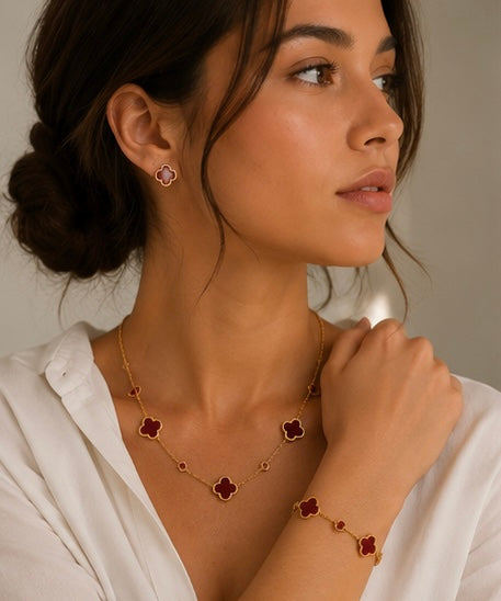 Flower Gemstone Jewelry Set | 18K Gold Plated Earrings, Bracelet & Necklace