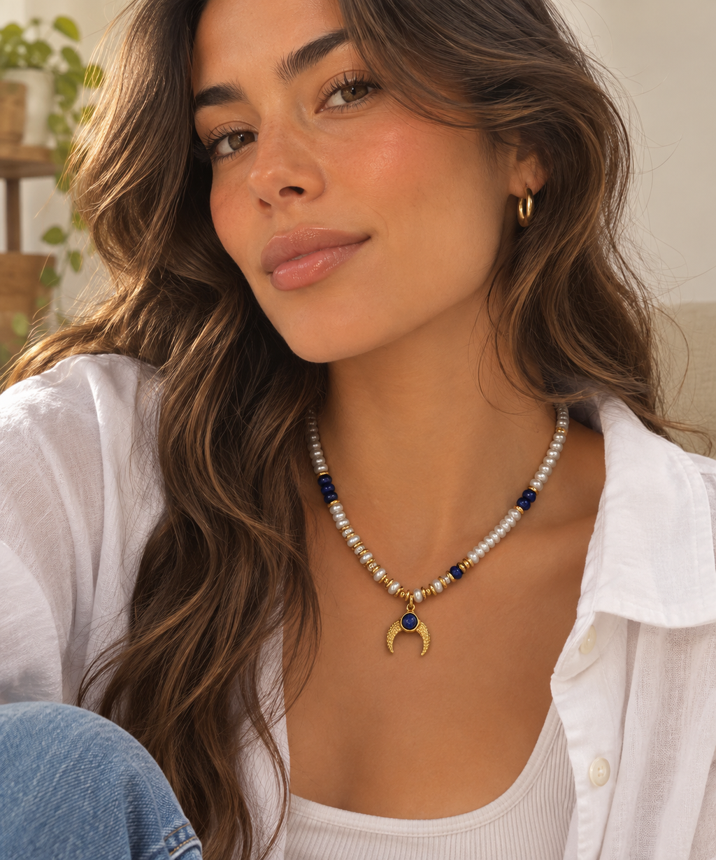 18K Gold Pearl, Lapis & Moon Pendant Necklace