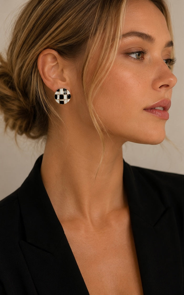 Black & White Check Earrings | 18K Gold Plated Stainless Steel | Heart & Round