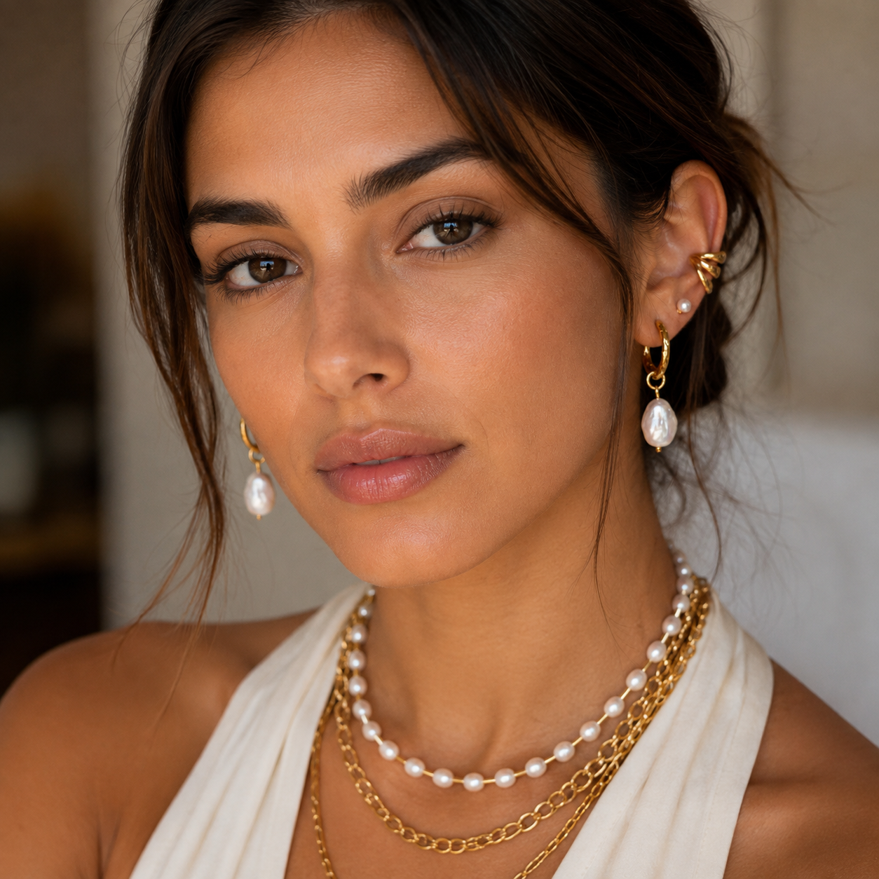 18K Gold Pearl Drop Hoop Earrings