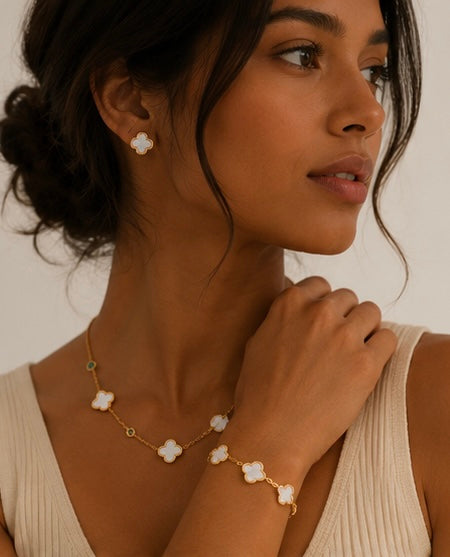 Flower Gemstone Jewelry Set | 18K Gold Plated Earrings, Bracelet & Necklace