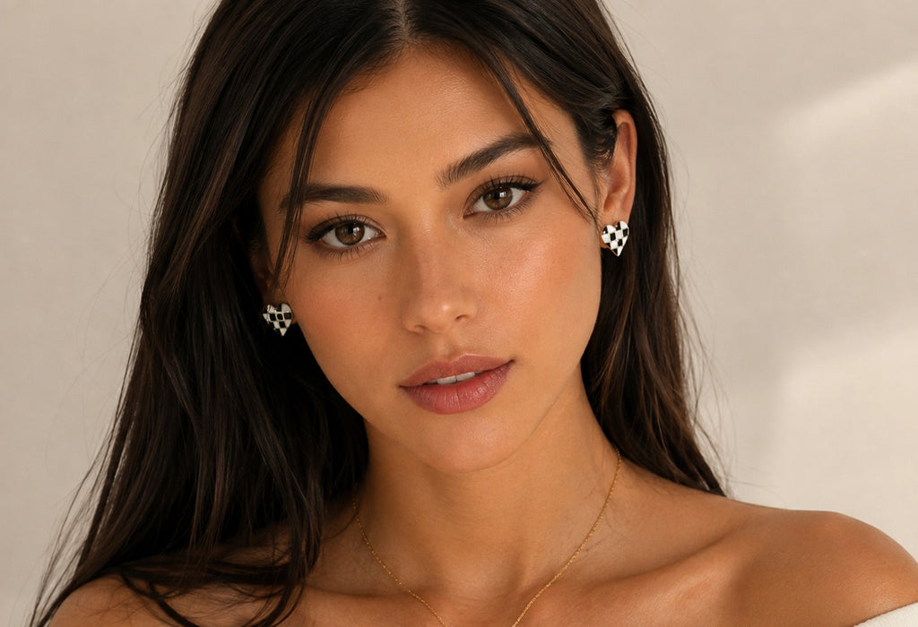 Black & White Check Earrings | 18K Gold Plated Stainless Steel | Heart & Round