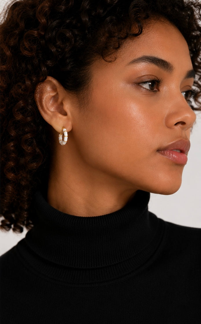 Bamboo Hoop Earrings | 18K Gold Plated Stainless Steel | White & Black