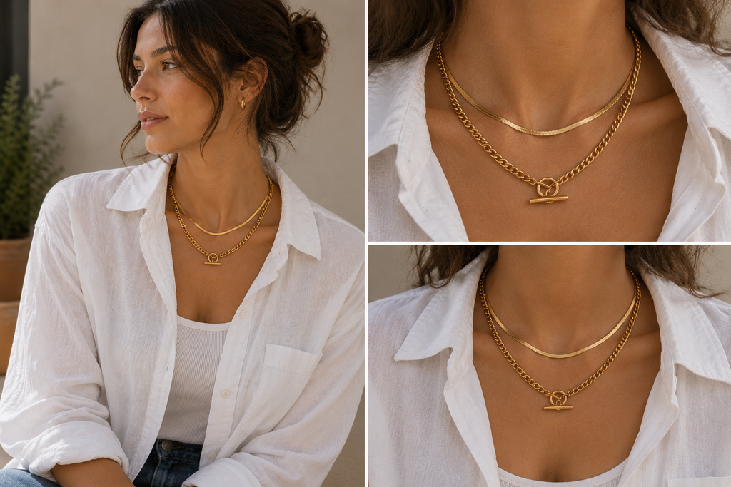 18K Gold Double Snake Chain Choker Set