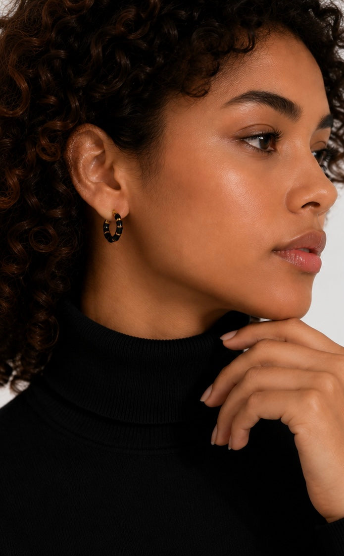 Bamboo Hoop Earrings | 18K Gold Plated Stainless Steel | White & Black