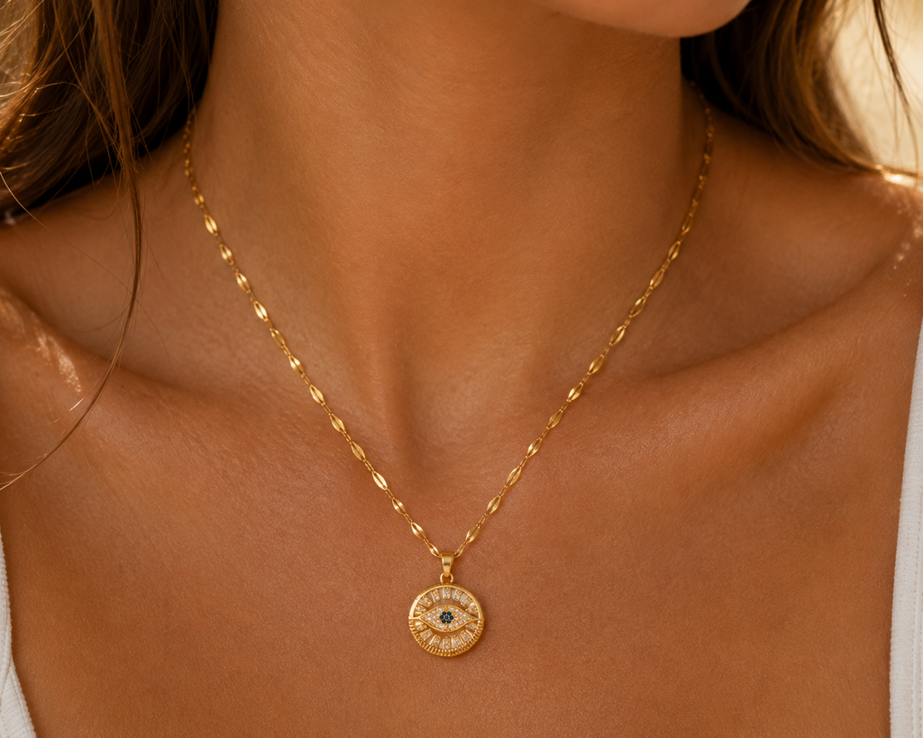 18K Gold Black & White Zircon Evil Eye Necklace