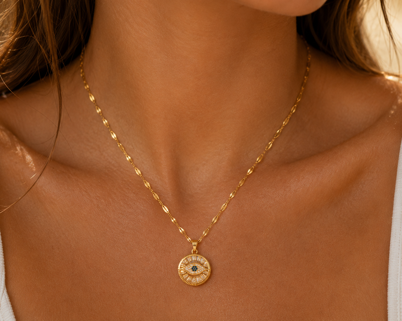 18K Gold Black & White Zircon Evil Eye Necklace