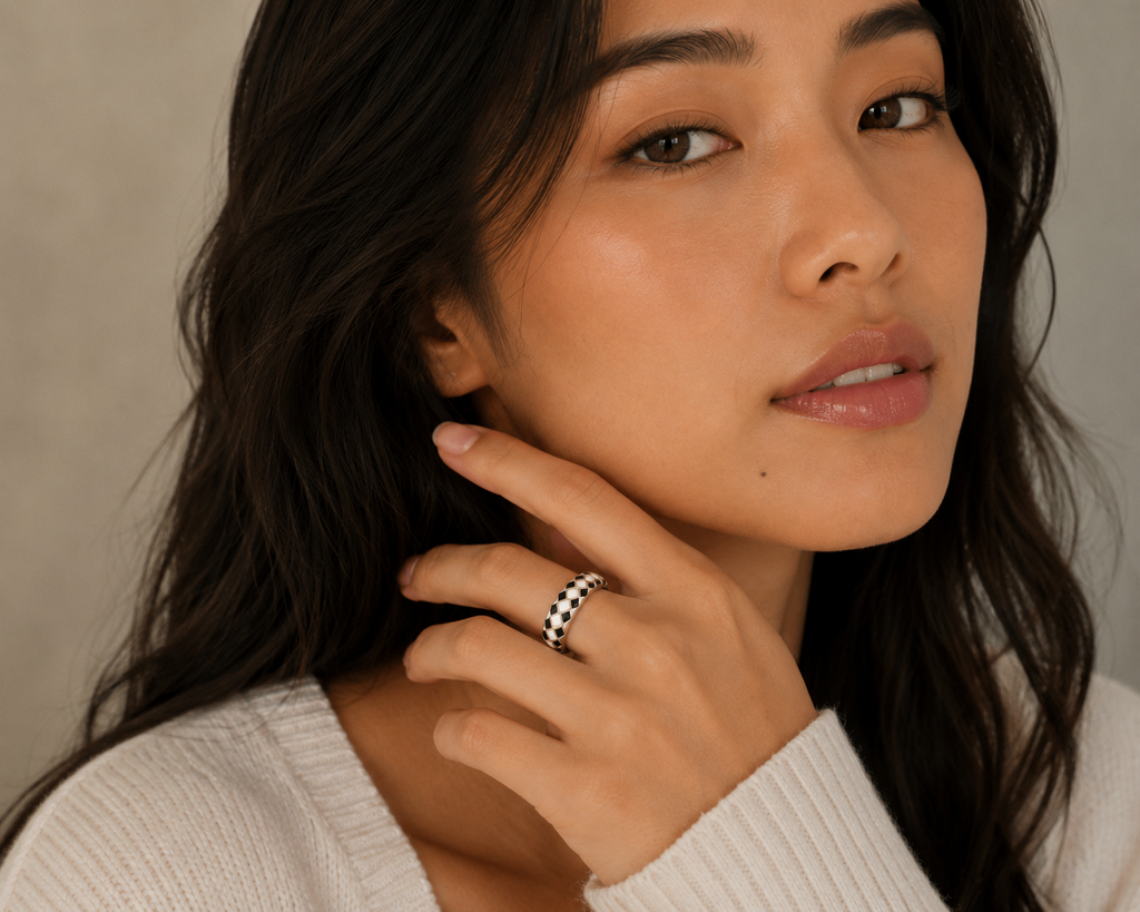 Black & White Check Diamond Ring | 18K Gold Plated Stainless Steel | Sizes 6–8 US