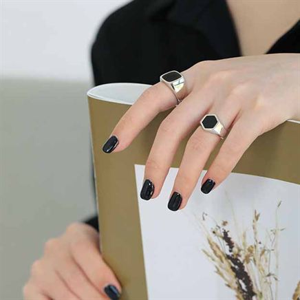 New Geometry Black Square 925 Sterling Silver Adjustable Ring