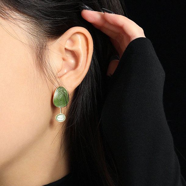 Irregular Green Epoxy Geometry 925 Sterling Silver Dangling Earrings