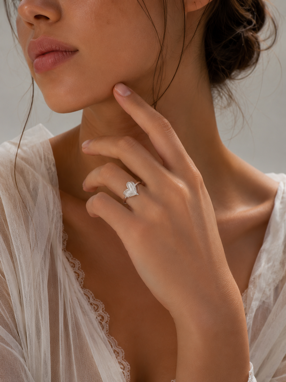 White Gold Plated Eco Brass Feather Heart Sculpted Band Ring | Ornexa