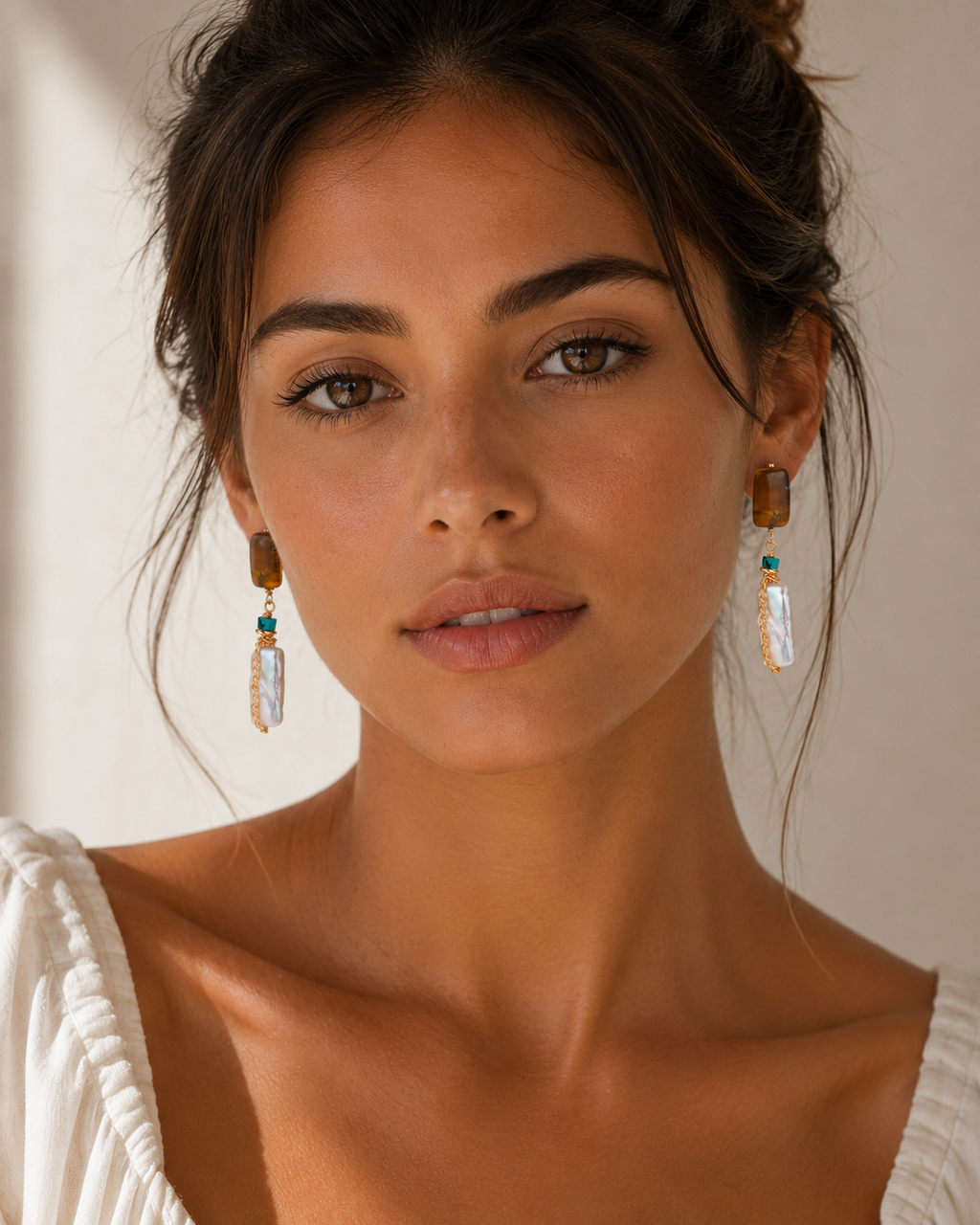 18K Gold Plated Eco Brass Baroque Pearl & Amber Stone Drop Earrings | Ornexa