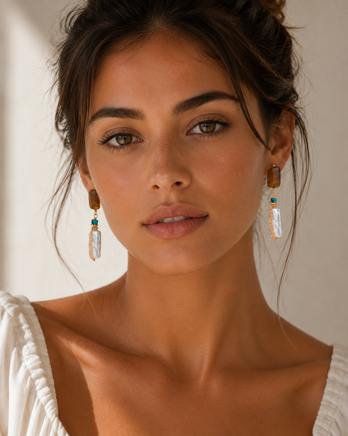 18K Gold Plated Eco Brass Baroque Pearl & Amber Stone Drop Earrings | Ornexa