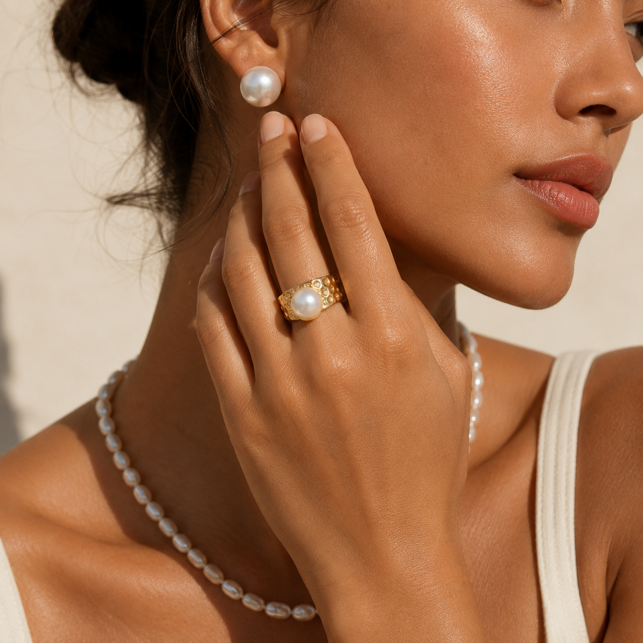14K Gold Plated Eco Brass Freshwater Pearl Adjustable Ring – Golden Tide | Ornexa