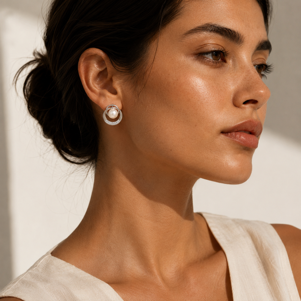 White Gold Plated Eco Brass Freshwater Pearl Stud Earrings – Orbit | Ornexa