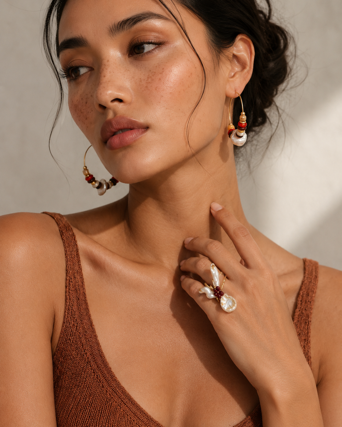 18K Gold Plated Eco Brass Baroque Pearl & Natural Stone Drop Earrings – Bohemian | Ornexa
