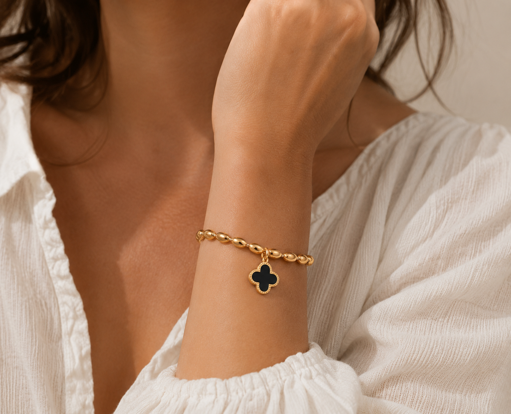 18K Gold Plated Stainless Steel Mother of Pearl Clover Beaded Bracelet | Ornexa