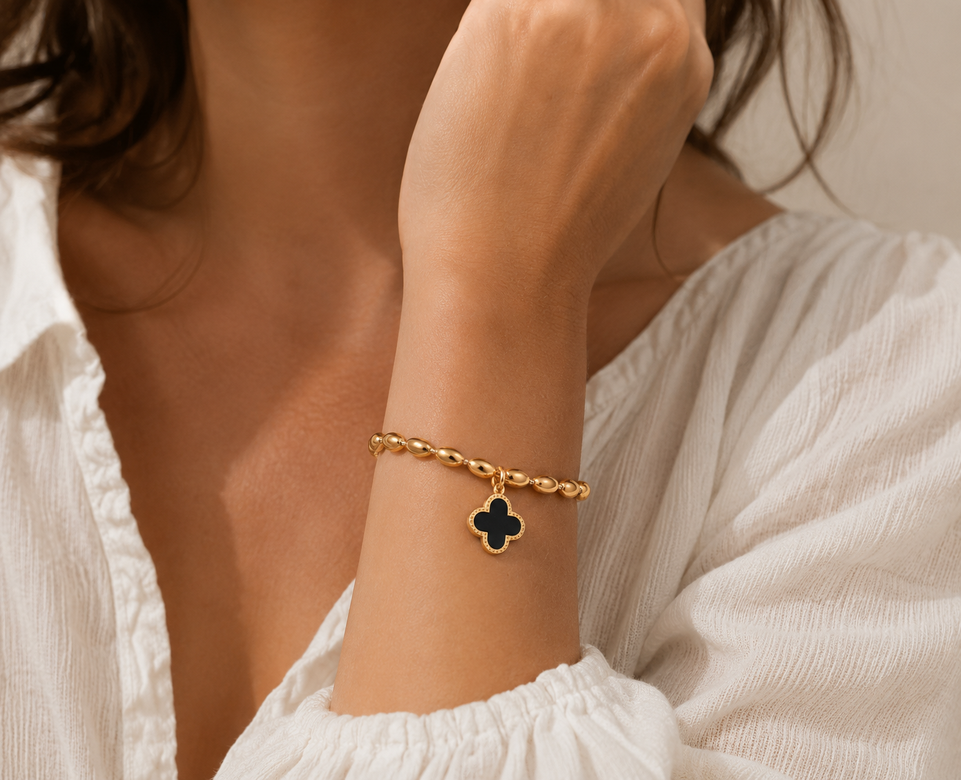 18K Gold Plated Stainless Steel Mother of Pearl Clover Beaded Bracelet | Ornexa