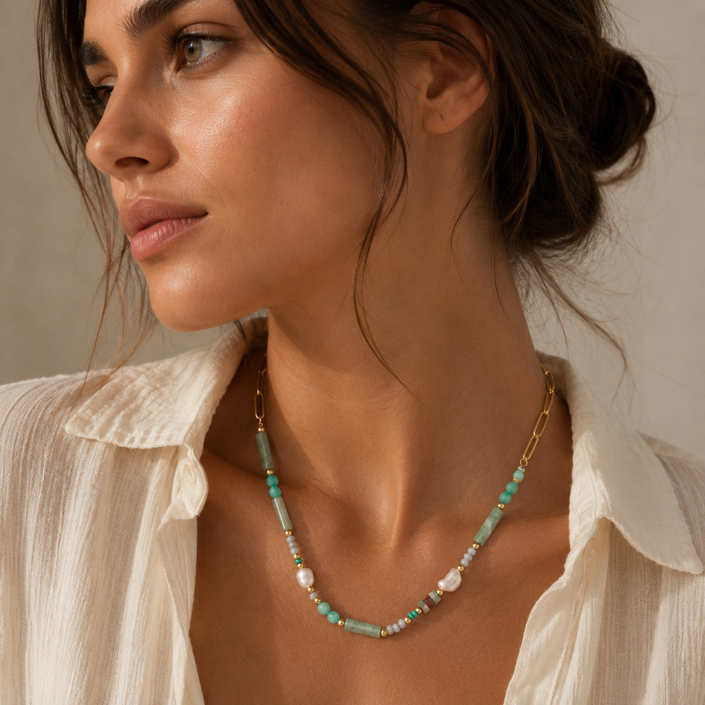 14K Gold Plated Stainless Steel Pearl & Quartz Beaded Necklace – Seafoam | Ornexa